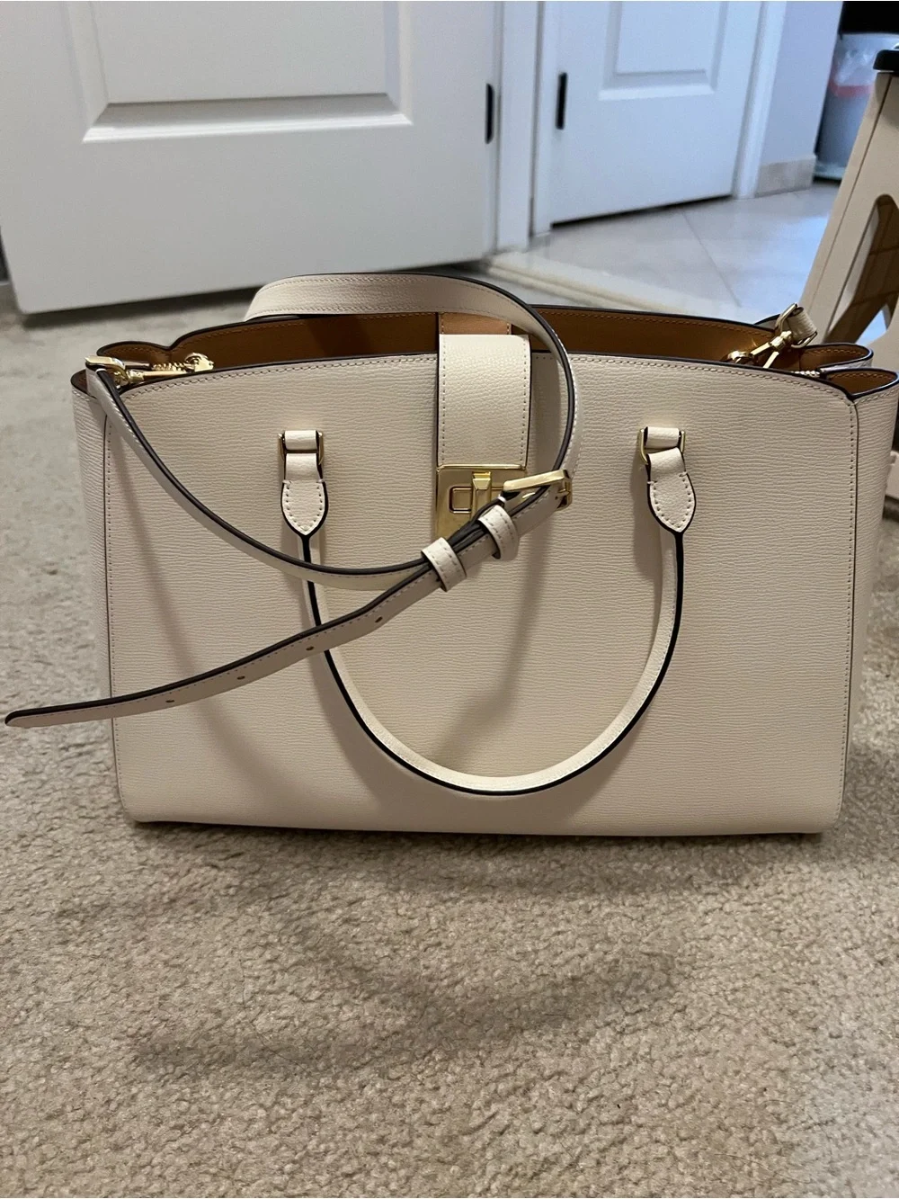 Kate Spade Cream Structured Tote Handbag with Gold Hardware